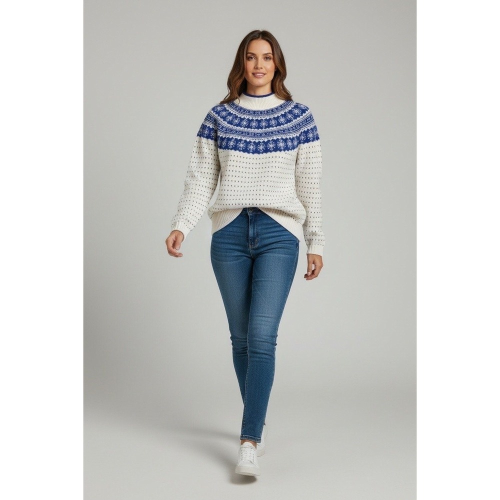Appleseed's Petites Fair Isle Snowflake Mock Neck Sweater Blue White Petite Med